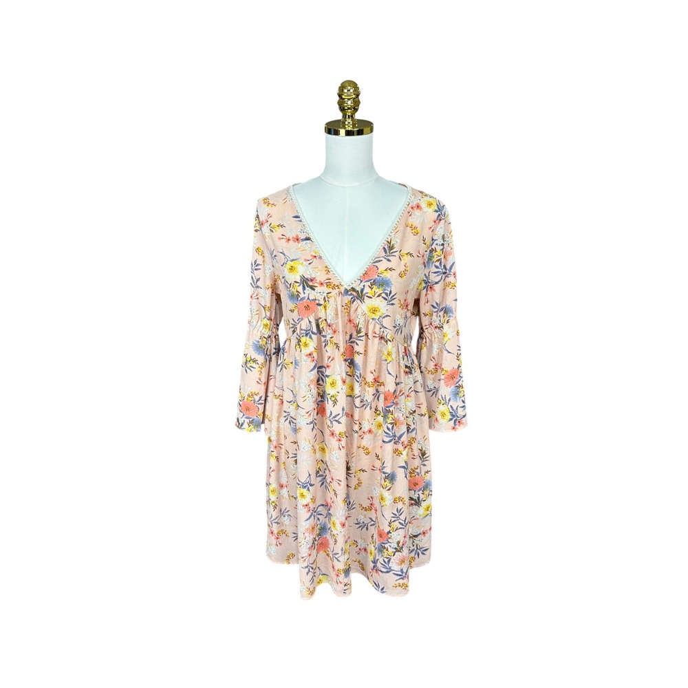 Umgee‎ Pink Floral Boho Bell Sleeve V-Neck Lace Trim Mini Dress Womens Size M
